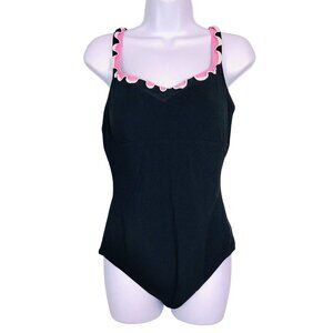 Profile Women Bathing Suit SZ 14 Black Pink White One Piece Ruffled Neckline
